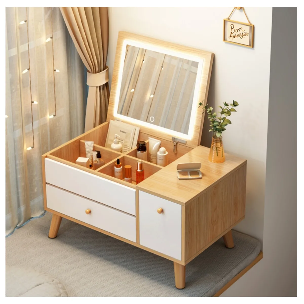 HOMER DESIGN - velador mini Tocador Madera Con Espejo Y Luz 60x40x38cm Plegable