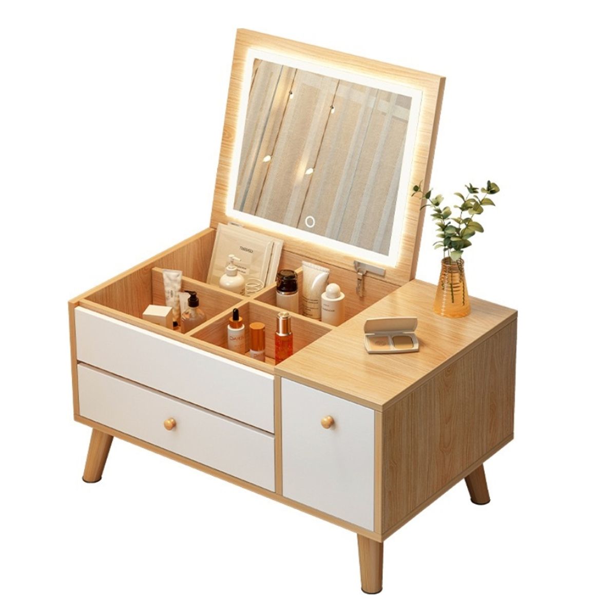 HOMER DESIGN - velador mini Tocador Madera Con Espejo Y Luz 60x40x38cm Plegable