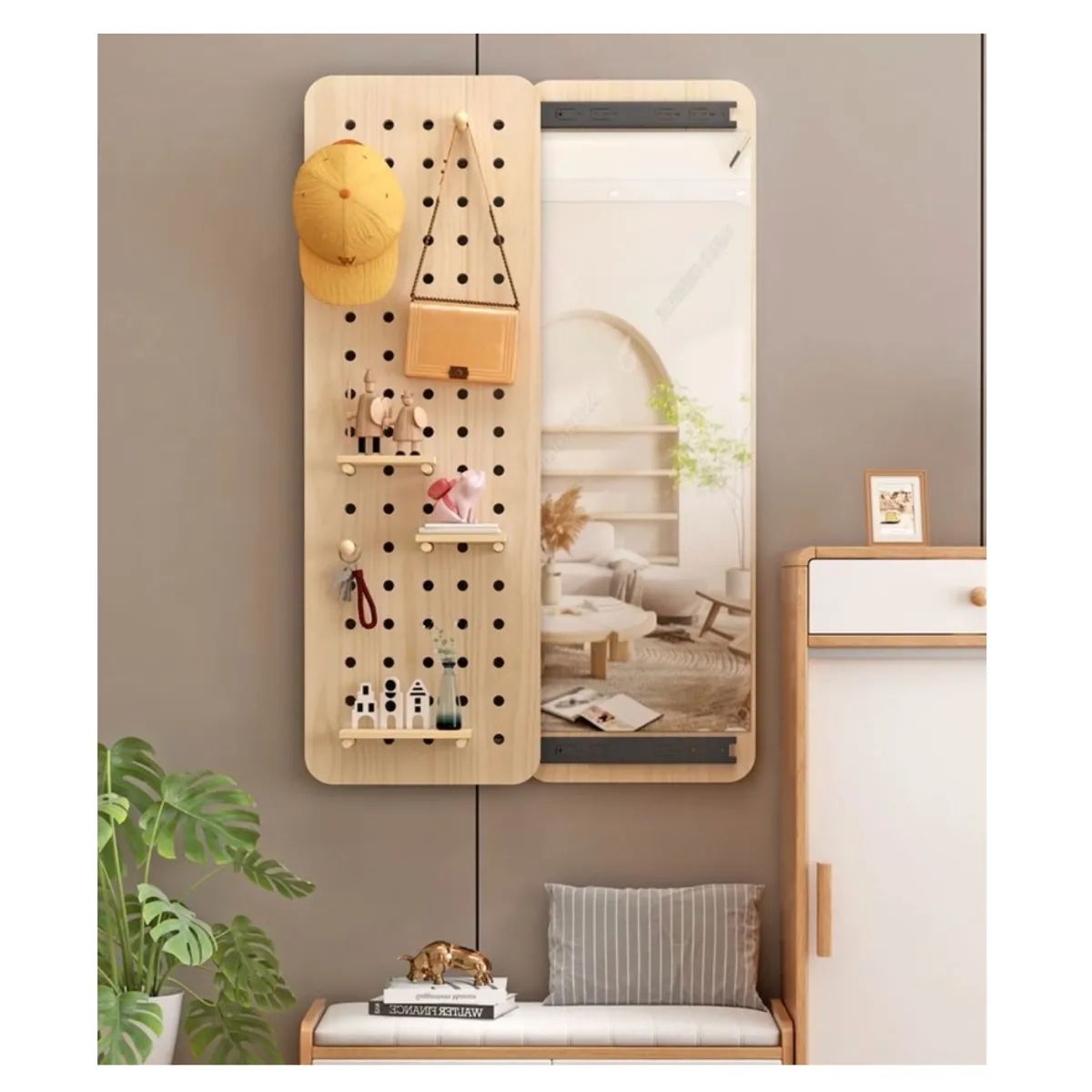 HOMER DESIGN - Organizador De Pared Con Gancho Espejo Y Tabla Deslizable marron