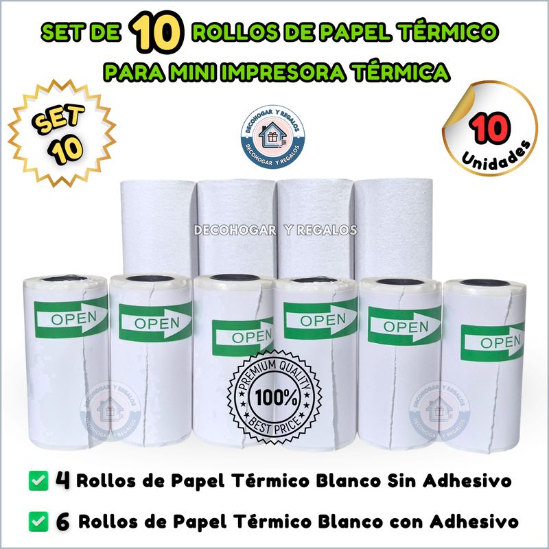 GENERICO - Set 10 Rollos Papel Térmico y Térmico Adhesivo Mini Impresora.