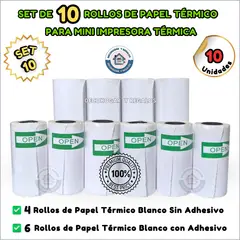 GENERICO - Set 10 Rollos Papel Térmico y Térmico Adhesivo Mini Impresora.