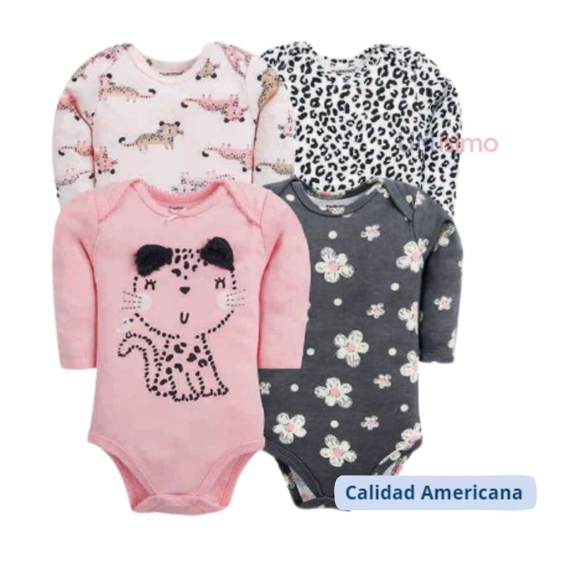 TEDMIMAK - Pack 4 Bodys Tedmimak Niña Manga Larga Gata y Flores Rosa 100% Algodón