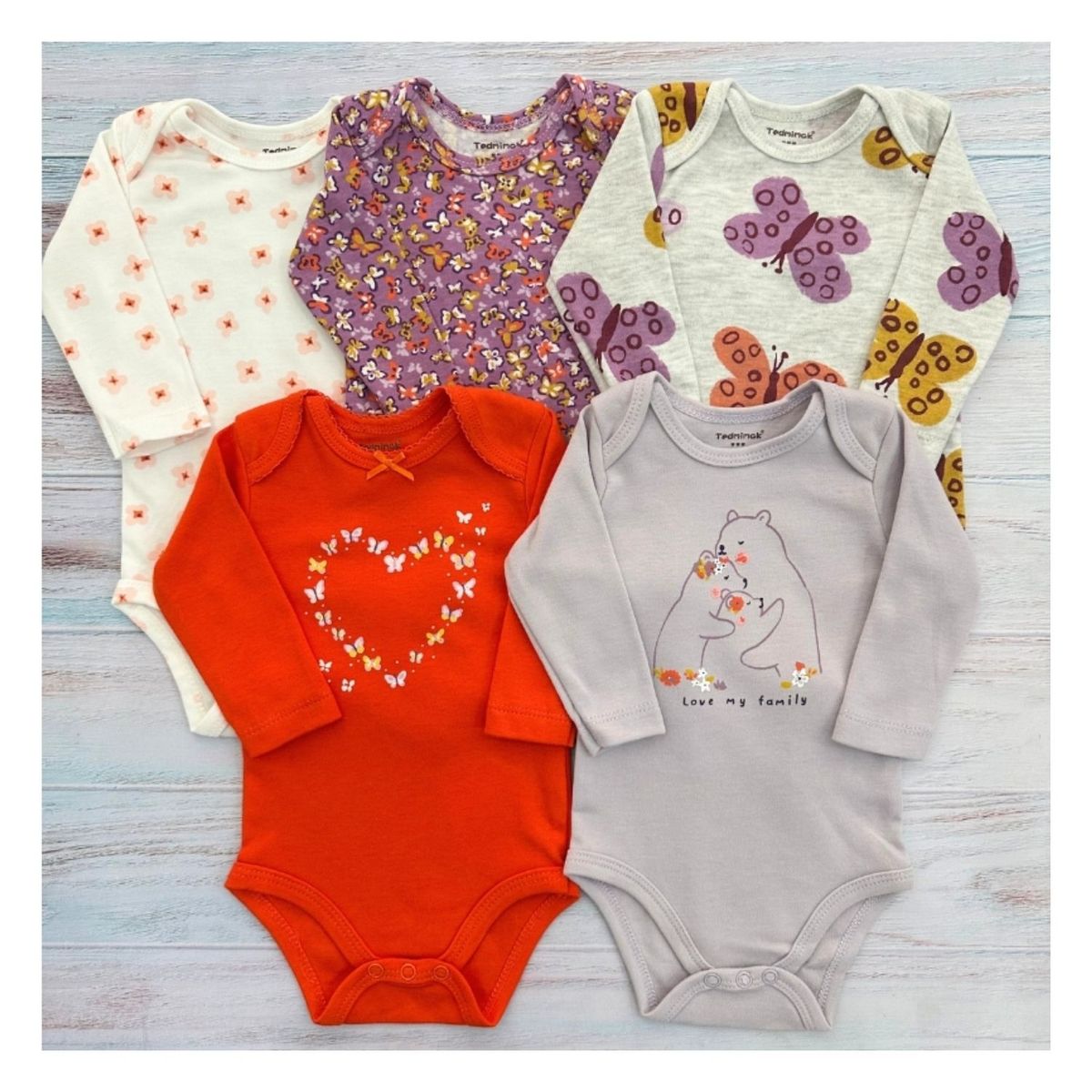 TEDMIMAK - Pack 5 Bodys Tedmimak Niña Manga Larga LoveMyFamily Lila 100% Algodón
