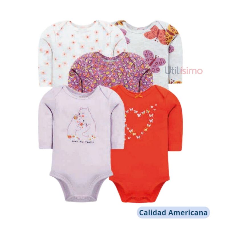 TEDMIMAK - Pack 5 Bodys Tedmimak Niña Manga Larga LoveMyFamily Lila 100% Algodón