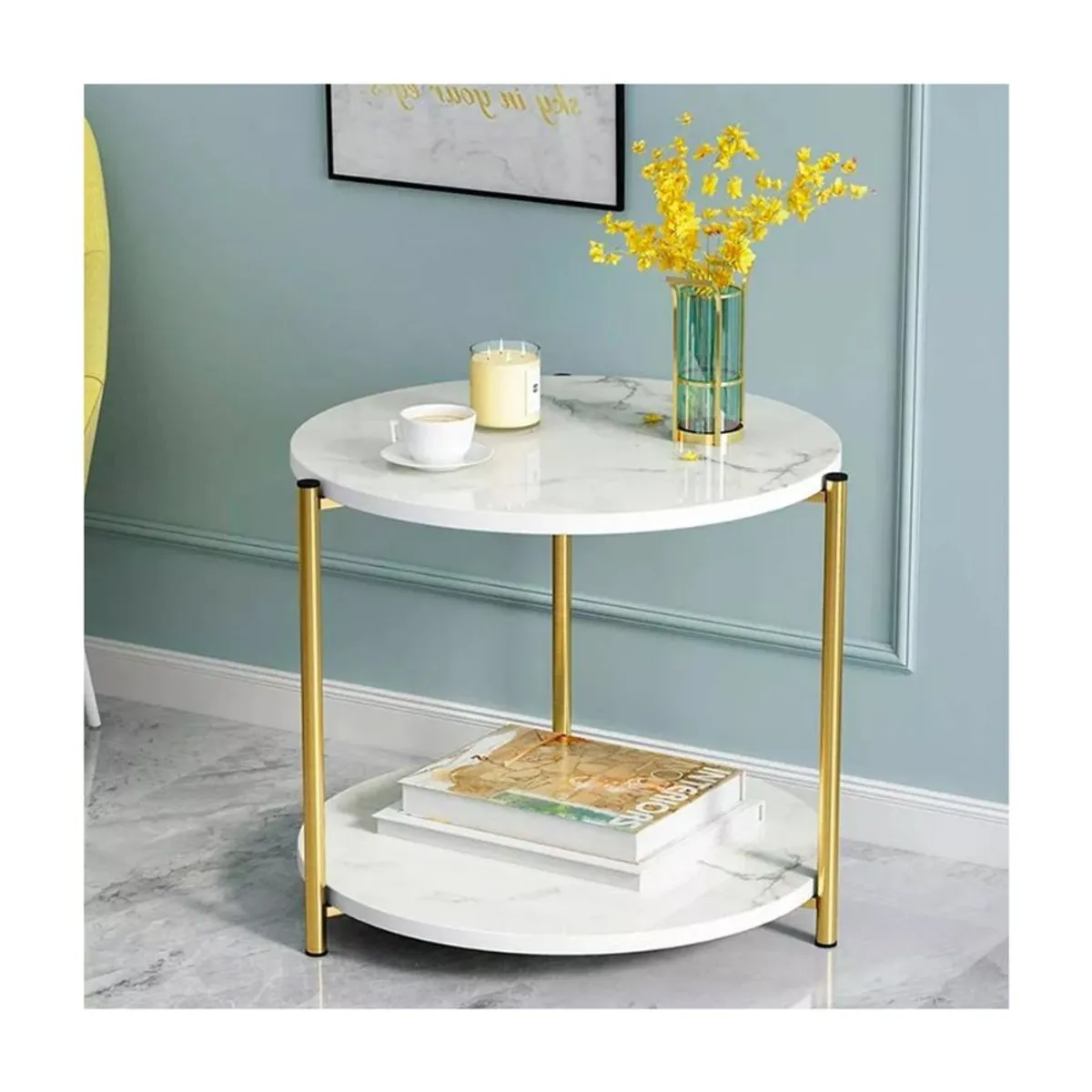 GENERICO - Mesa Auxiliar Moderna Marmoleado Decoracion Redondo Blanco