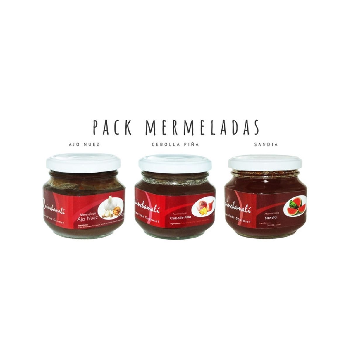 QUINCHAMALI MERMELADA GOURMET - Pack Ajo nuez Cebolla piña Sandía