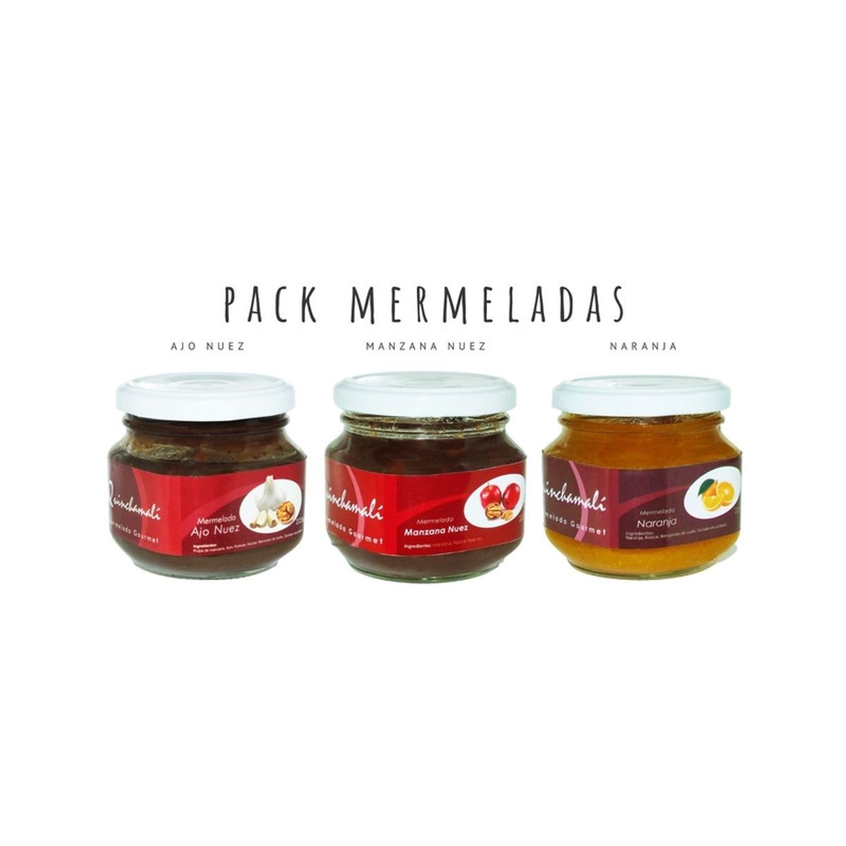 QUINCHAMALI MERMELADA GOURMET - Pack Ajo nuez Manzana nuez Naranja