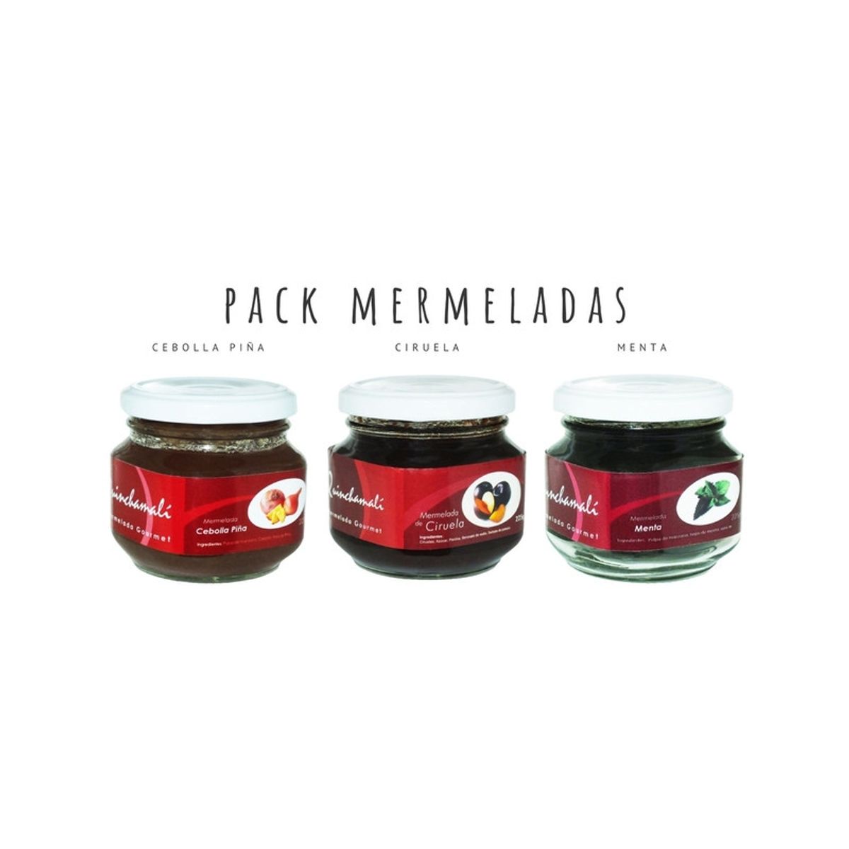QUINCHAMALI MERMELADA GOURMET - Pack Cebolla piña Ciruela Menta