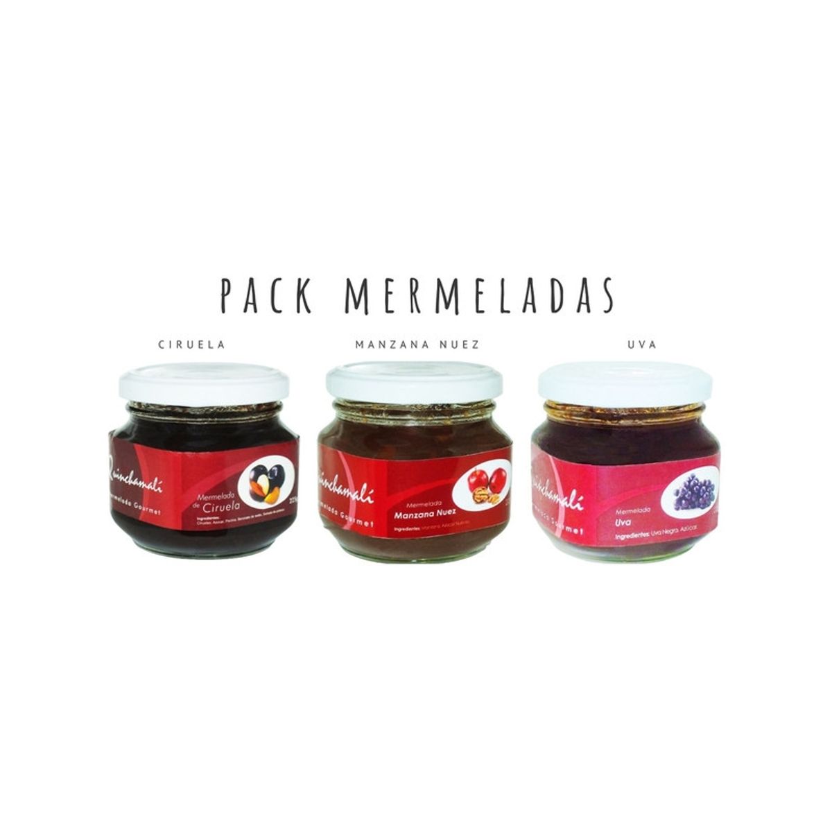 QUINCHAMALI MERMELADA GOURMET - Pack Ciruela Manzana nuez Uva