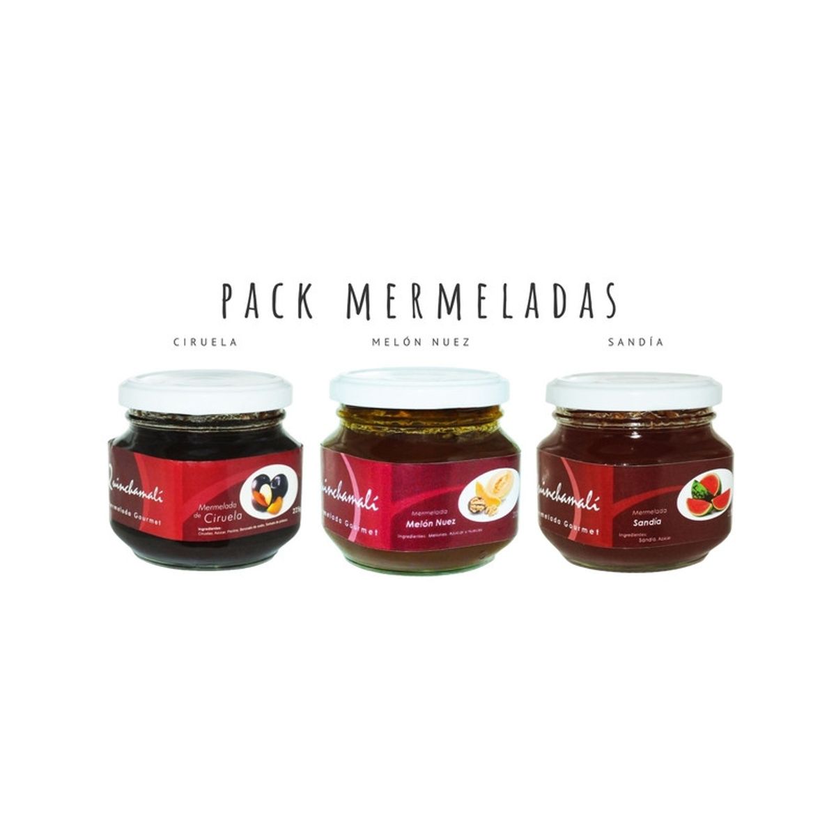 QUINCHAMALI MERMELADA GOURMET - Pack Ciruela Melón nuez Sandía