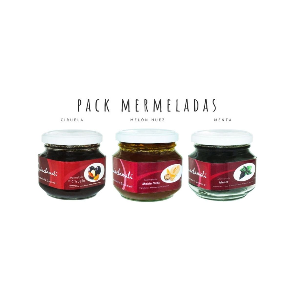 QUINCHAMALI MERMELADA GOURMET - Pack Ciruela Melón nuez Menta