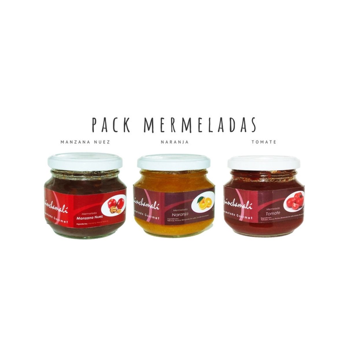QUINCHAMALI MERMELADA GOURMET - Pack Manzana nuez Naranja Tomate