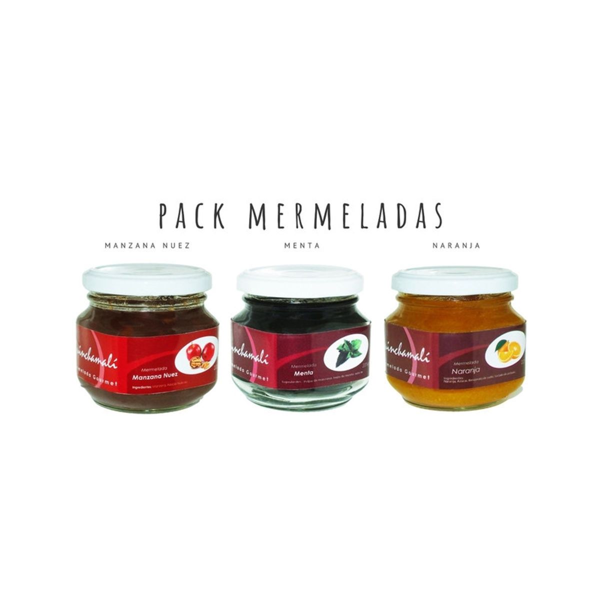 QUINCHAMALI MERMELADA GOURMET - Pack Manzana nuez Menta Naranja