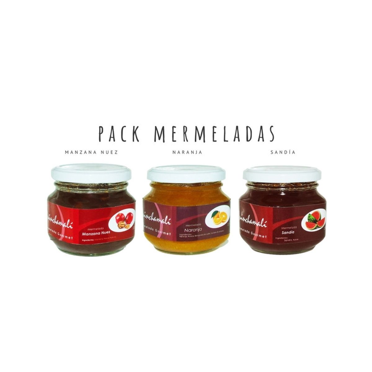 QUINCHAMALI MERMELADA GOURMET - Pack Manzana nuez Naranja Sandía