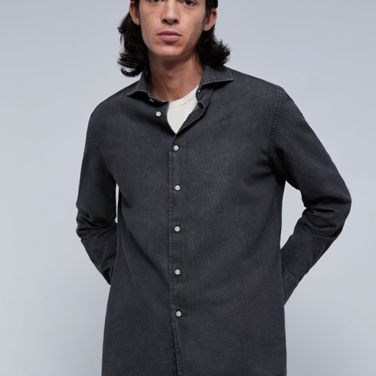SCALPERS - Camisa Denim Lavada Calavera Tono Light Grey