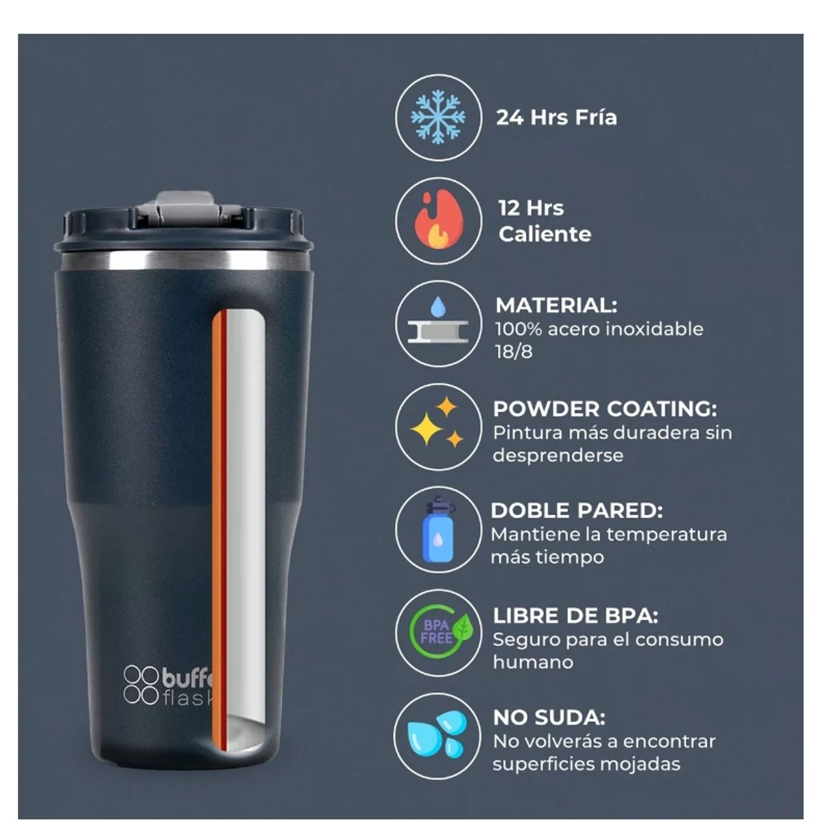 GENERICO - Mug Vaso Termo Para Agua Cafe 570ml Buffer Acero Inox +tapas