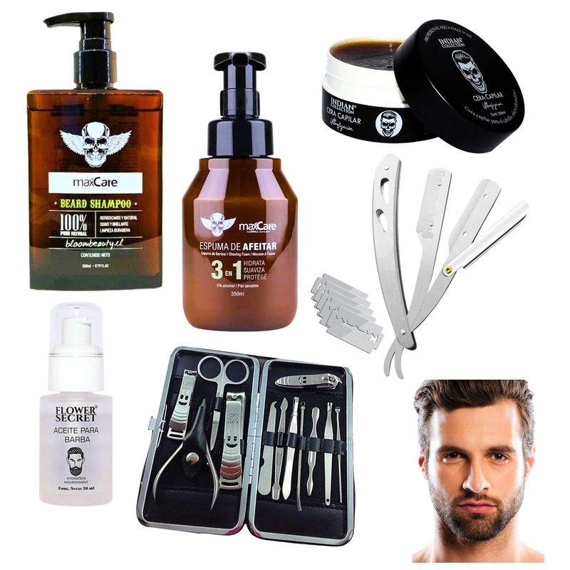 GENERICO - Super Kit De Barba Pelo Uñas - Navaja Tijeras Aceite Shampoo Cortauñas