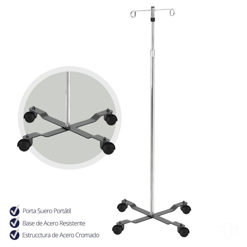 TOPMEDIC - Porta Suero Cromado Ajustable Base Acero 4 Ruedas