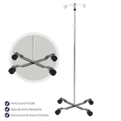 TOPMEDIC - Porta Suero Cromado Ajustable Base Acero 4 Ruedas