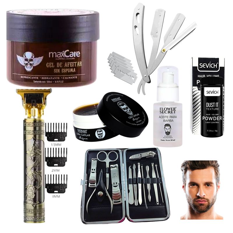 GENERICO - Super Kit De Barba + Gel Afeitadora Navaja Cera Polvo Aceite