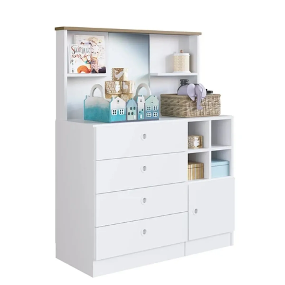 KIDSCOOL - Comoda Infantil 4 Cajones + Puerta y Espejo