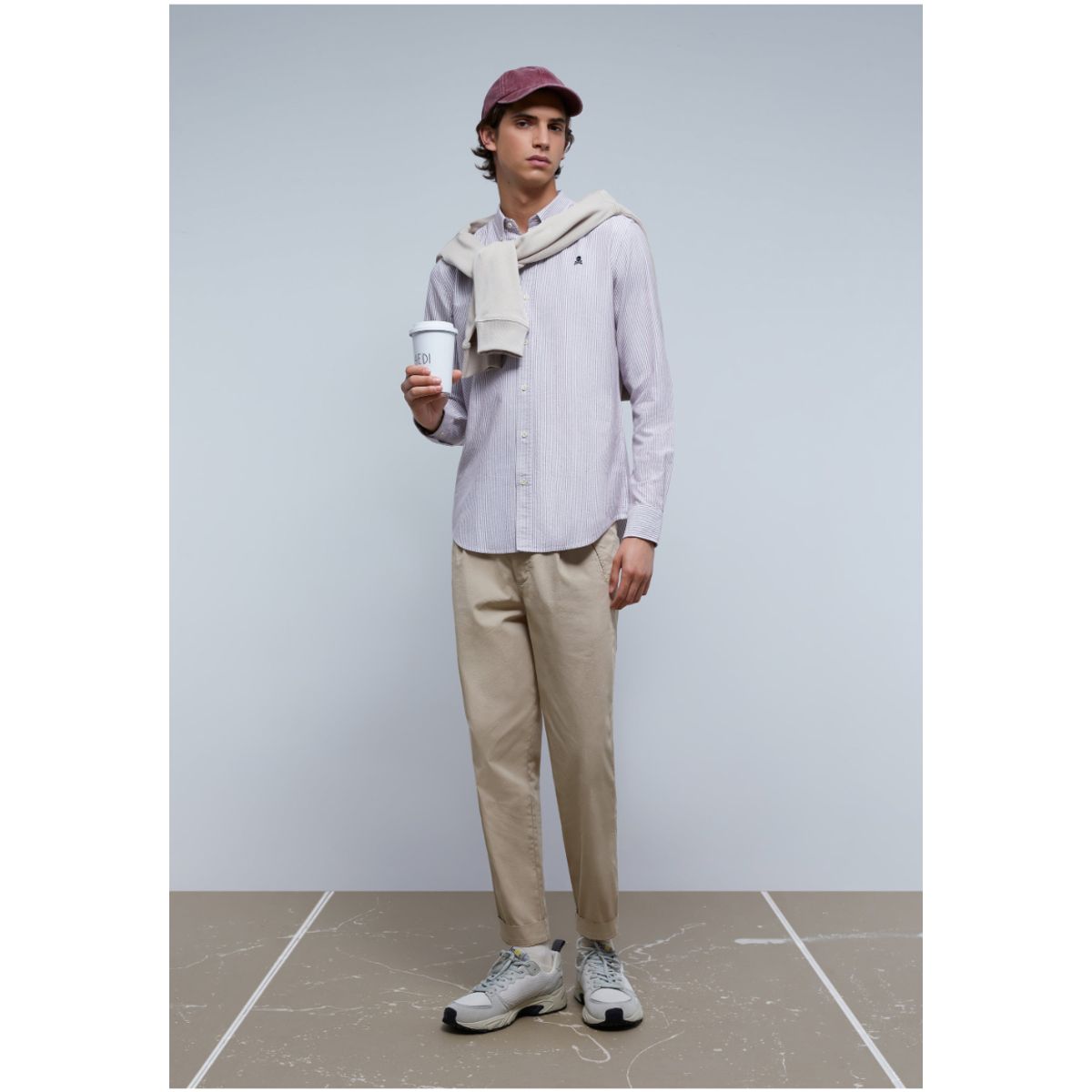 SCALPERS - Camisa Oxford Calavera Contraste Light Burgundy Stripes