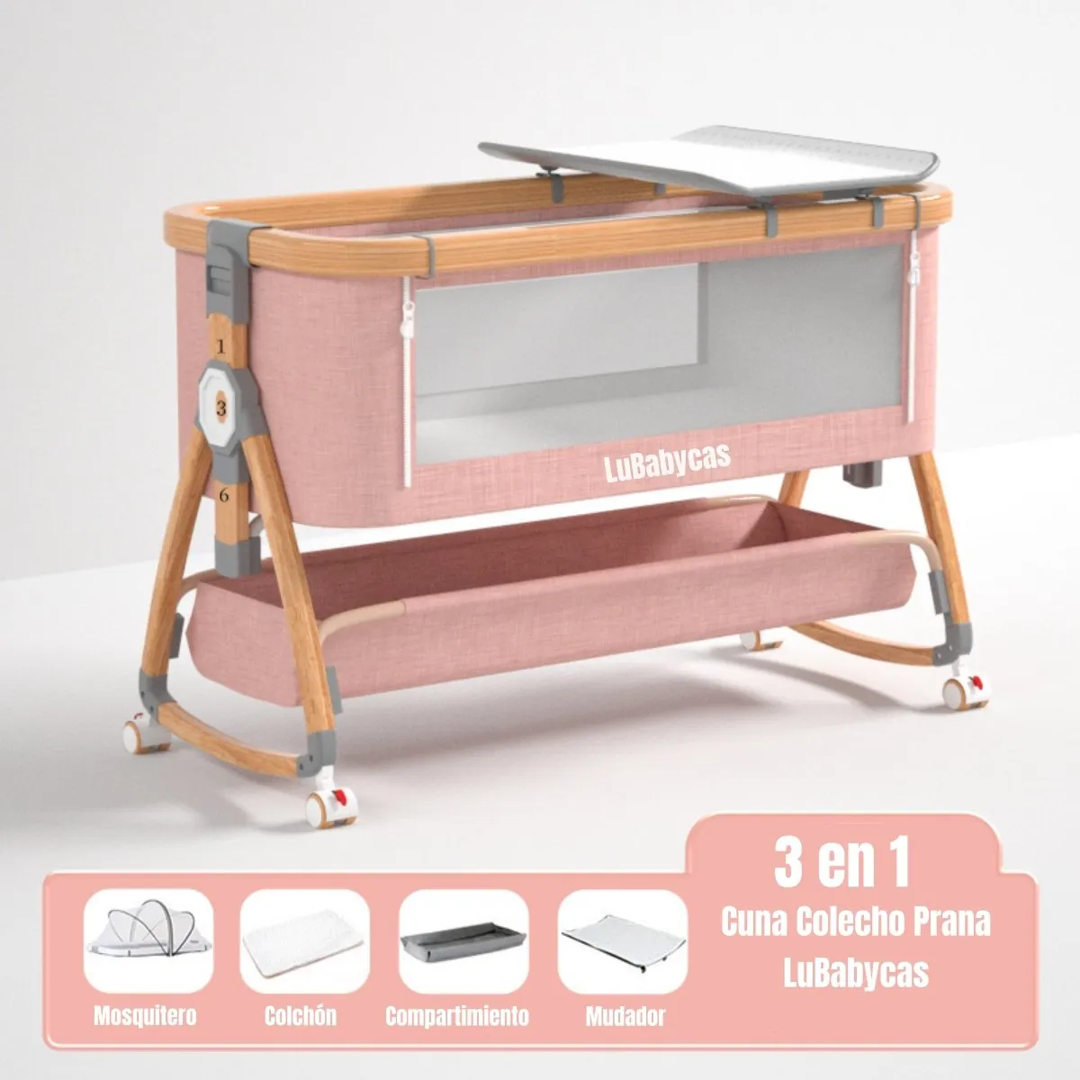 LUBABYCAS - Cuna Colecho Mecedora 3 En 1 LuBabycas Rosada