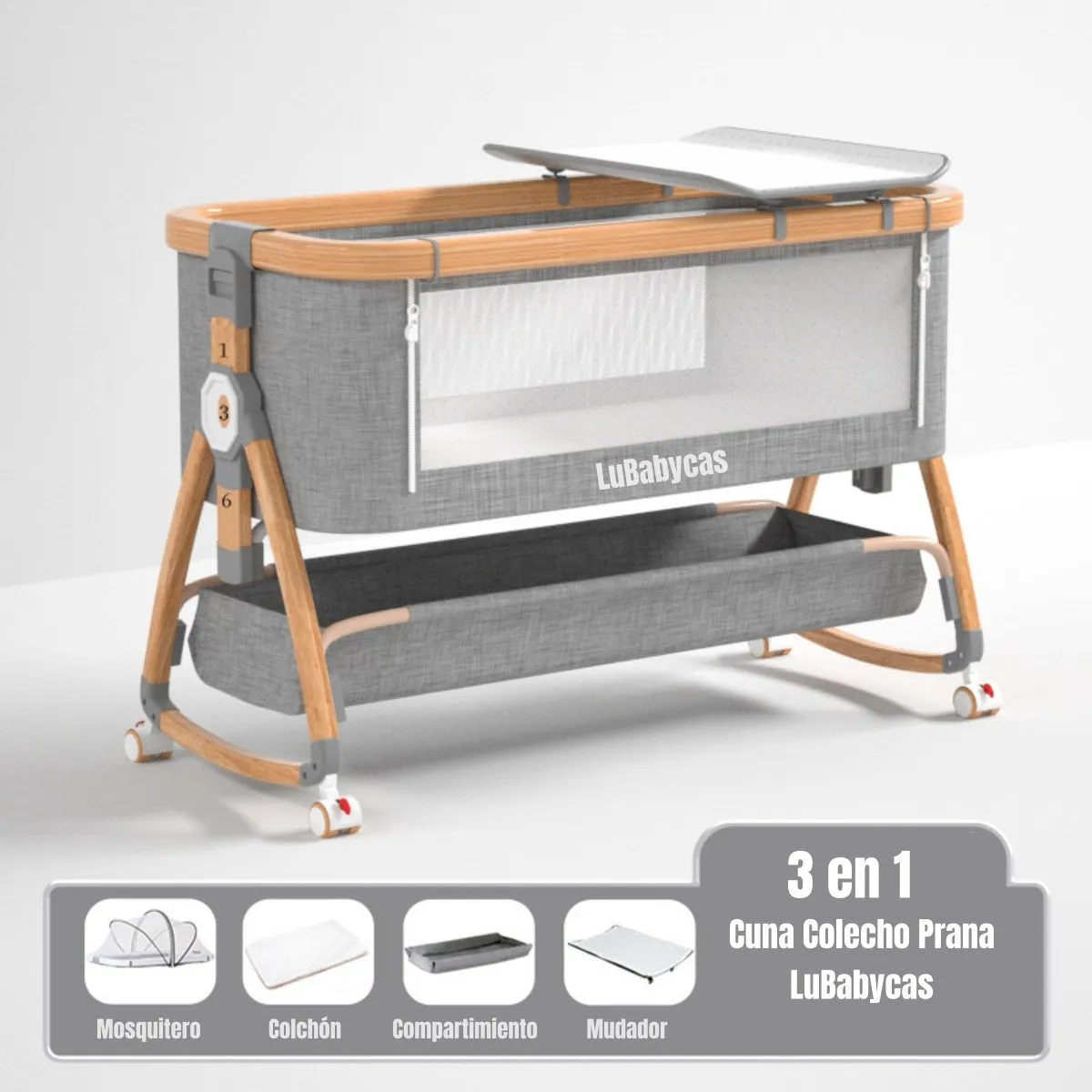 LUBABYCAS - Cuna Colecho Mecedora 3 En 1 LuBabycas Gris