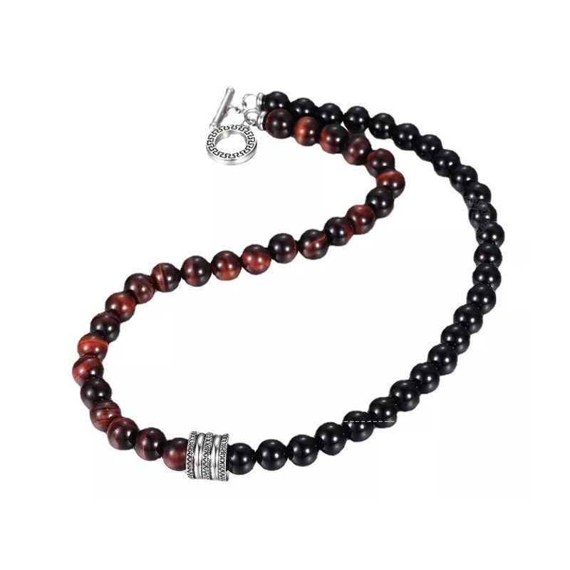 GENERICO - Collar Piedra Onix Y Ojo De Tigre Rojo Hombre Moda Calidad