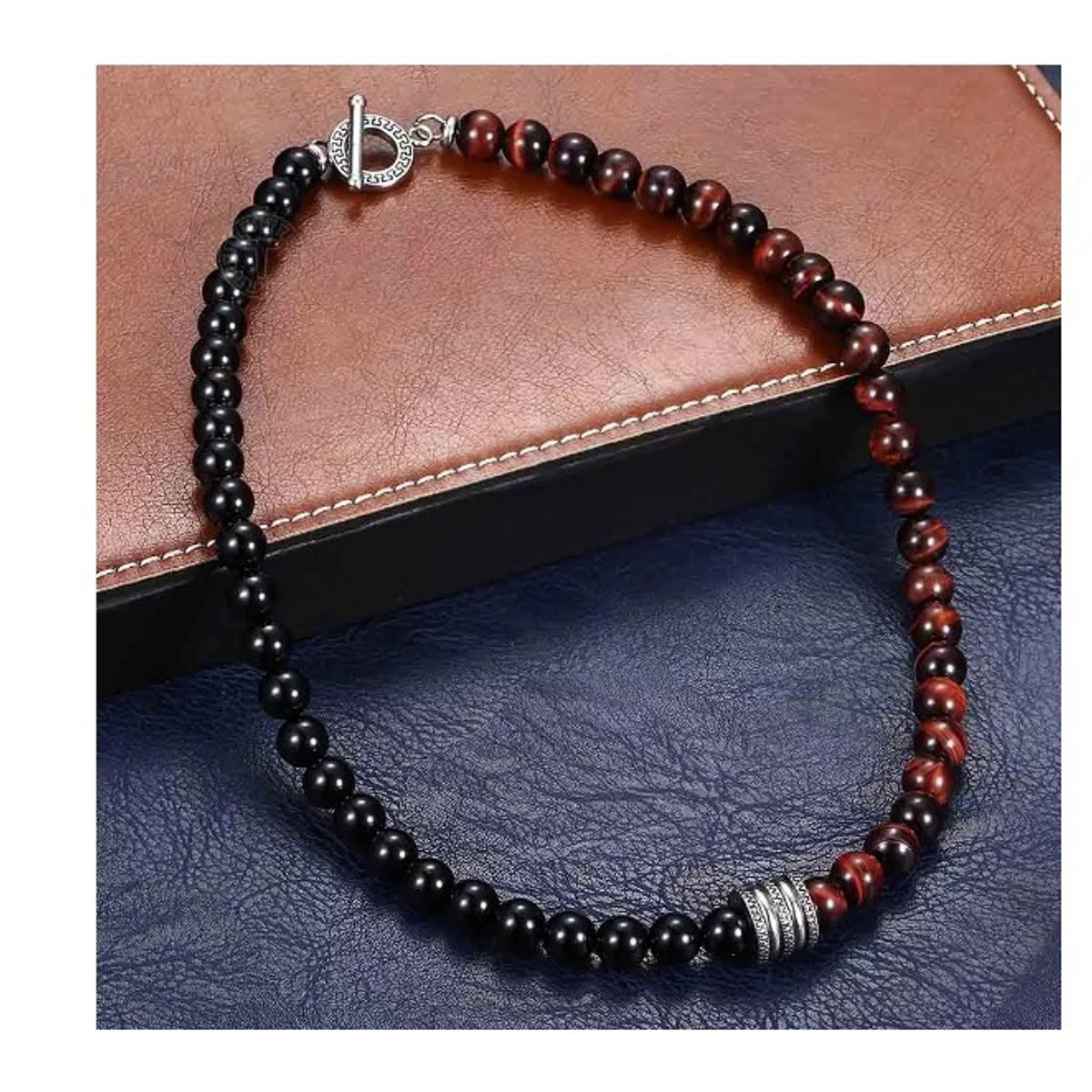 GENERICO - Collar Piedra Onix Y Ojo De Tigre Rojo Hombre Moda Calidad