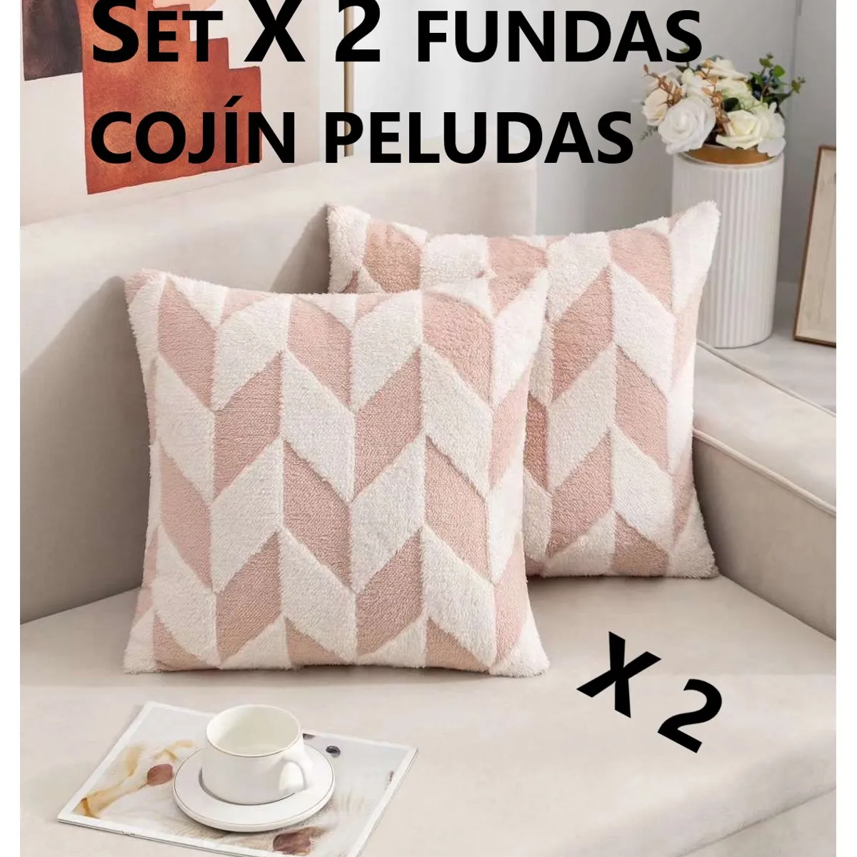 COMPRAPO - Set X 2 Fundas Cojín Peludo Geométrico Rosa y Blanco 45x45 Cm.