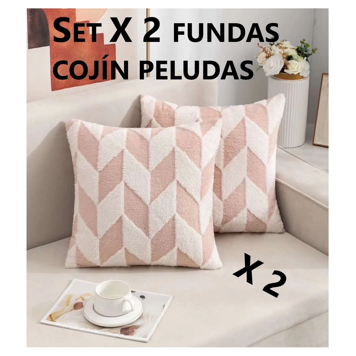 COMPRAPO - Set X 2 Fundas Cojín Peludo Geométrico Rosa y Blanco 45x45 Cm.
