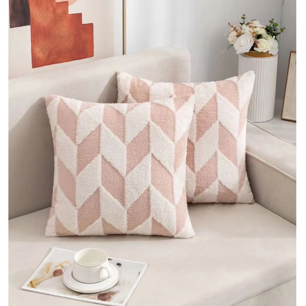 COMPRAPO - Set X 2 Fundas Cojín Peludo Geométrico Rosa y Blanco 45x45 Cm.