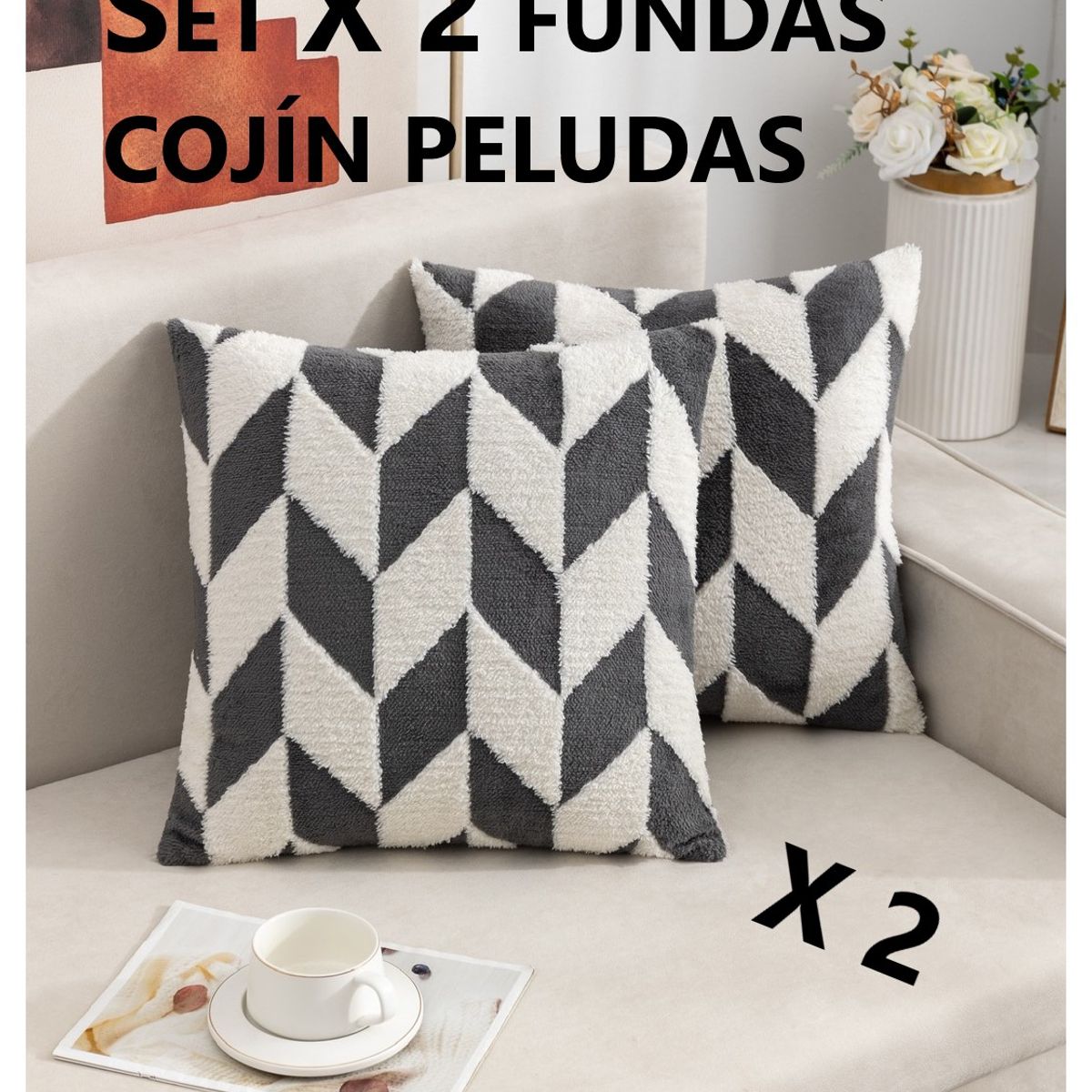 COMPRAPO - Set X 2 Fundas Cojín Peludo Geométrico Gris y Blanco 45x45 Cm.