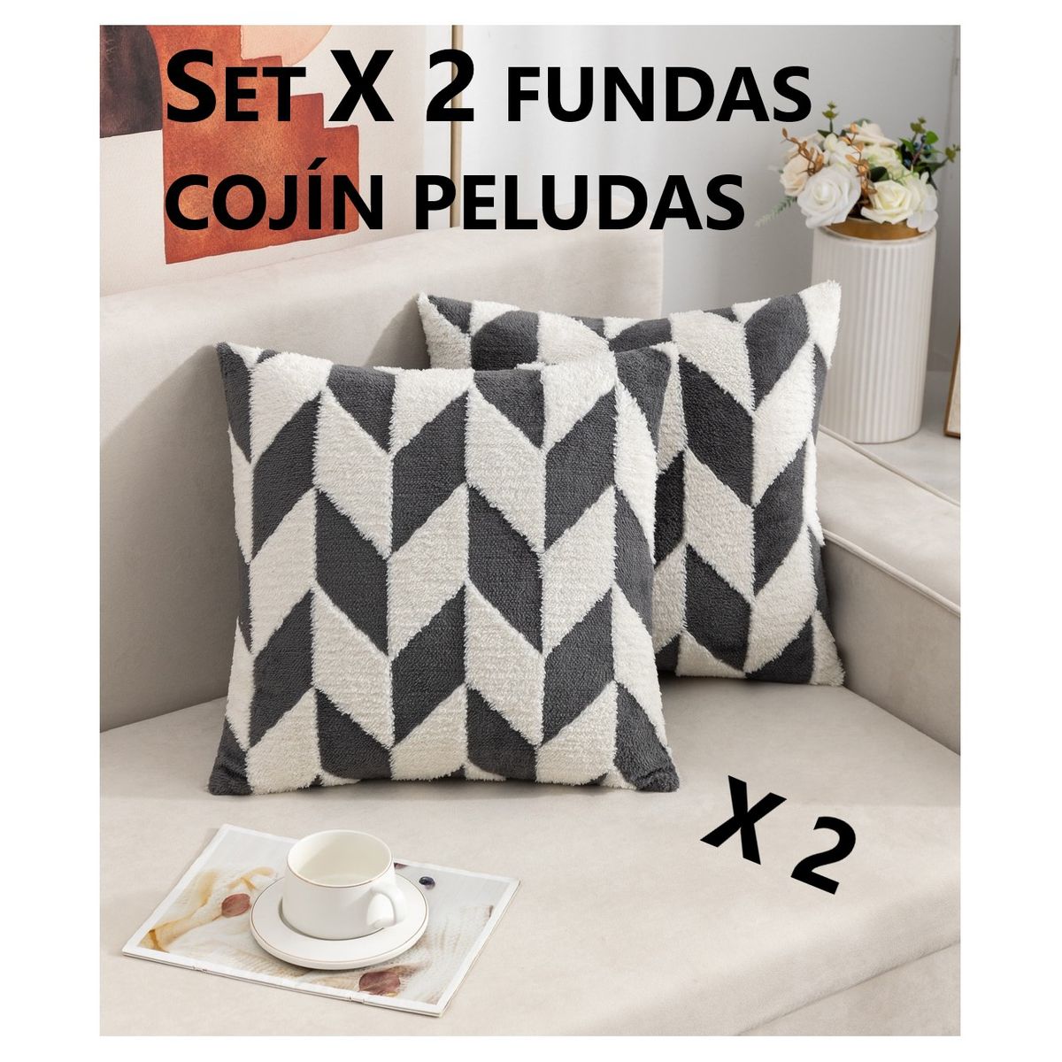 COMPRAPO - Set X 2 Fundas Cojín Peludo Geométrico Gris y Blanco 45x45 Cm.
