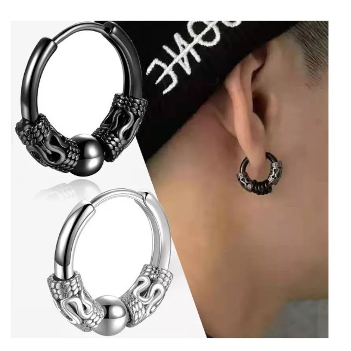 GENERICO - Aros Punk Negro Hip Hop Circular Acero Hombre Redondo Moda