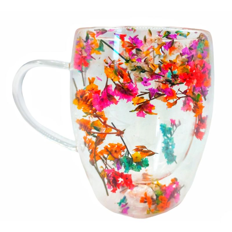 MOGA - Taza Vintage Mug De Vidrio Doble Pared 310ml Cafe Flores
