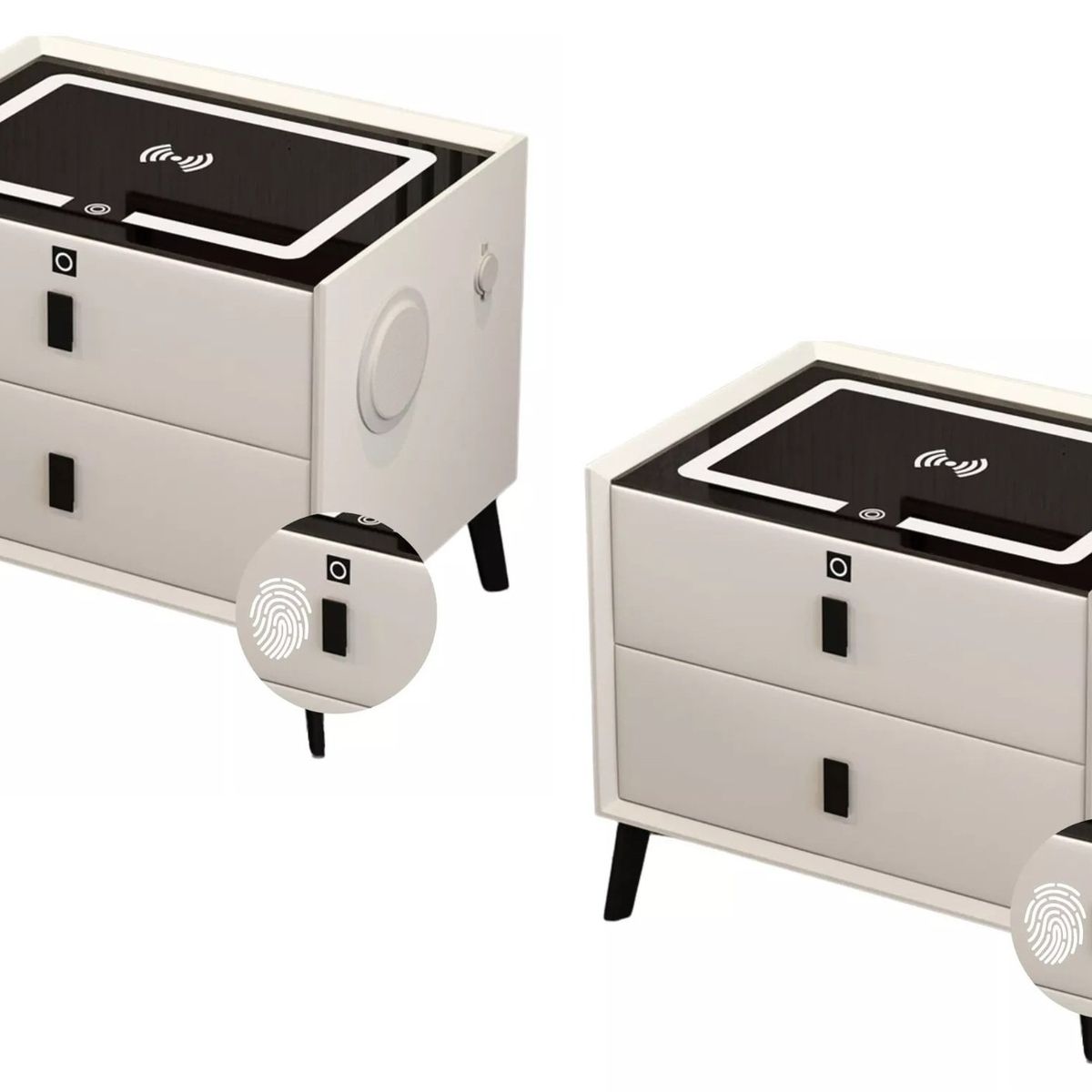 MODERNISMO - Pack 2 veladores blanco lector huella, parlantes y carga inalámbrica