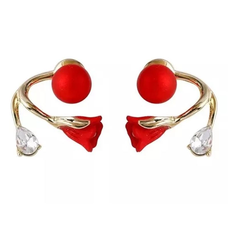 GENERICO - Aros Flor Roja Perlas Cute Coreano