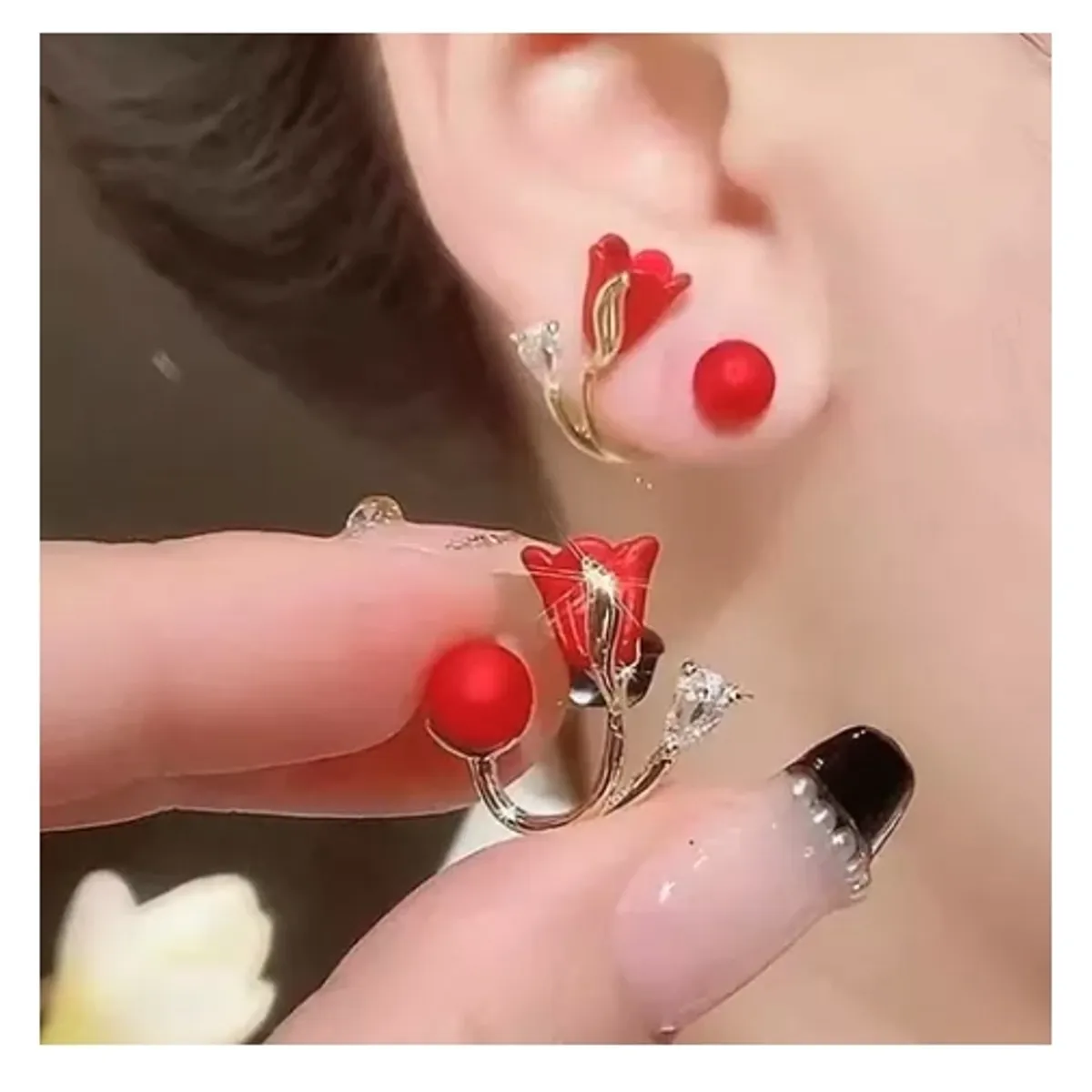 GENERICO - Aros Flor Roja Perlas Cute Coreano