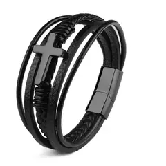 GENERICO - Pulsera Negra De Cuero Tejido Con Cruz Y Broche Magnético