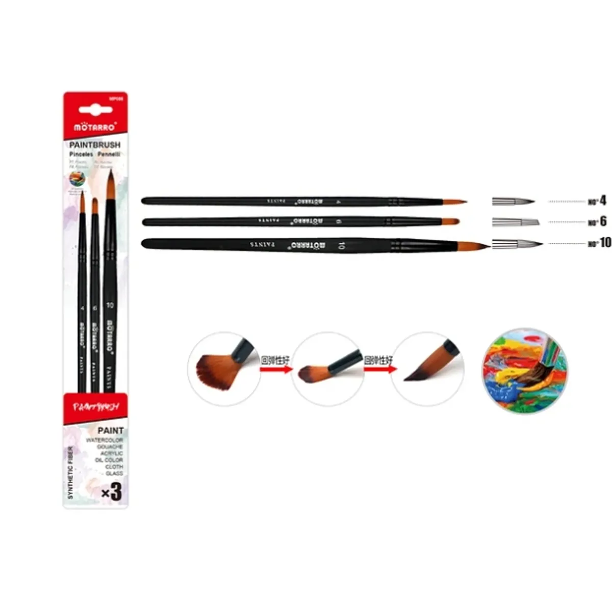 GENERICO - Set Pinceles 3 Tamaños n°4,6,10