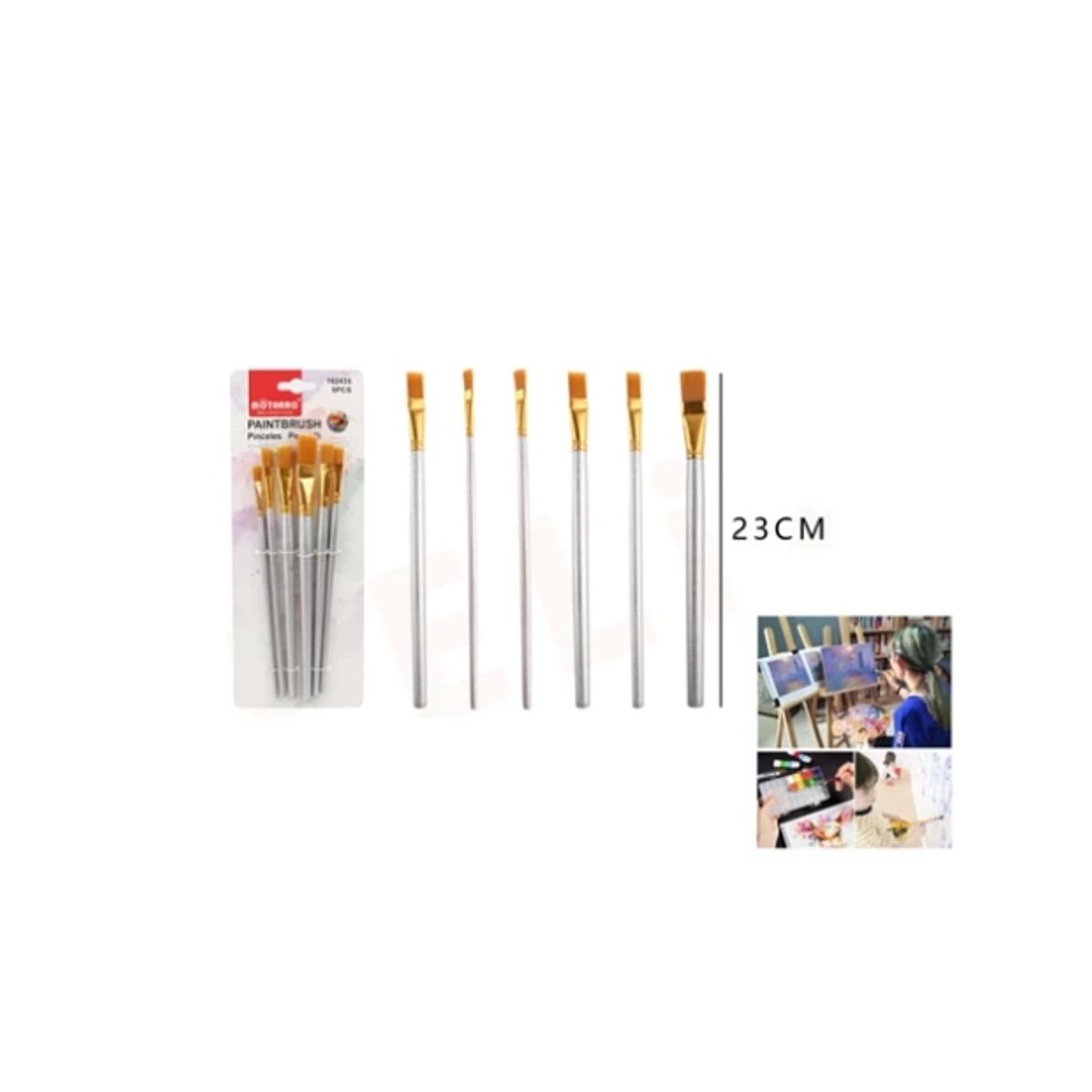 GENERICO - Set Pinceles Planos Detalle Plateado 23Cm 6Pcs