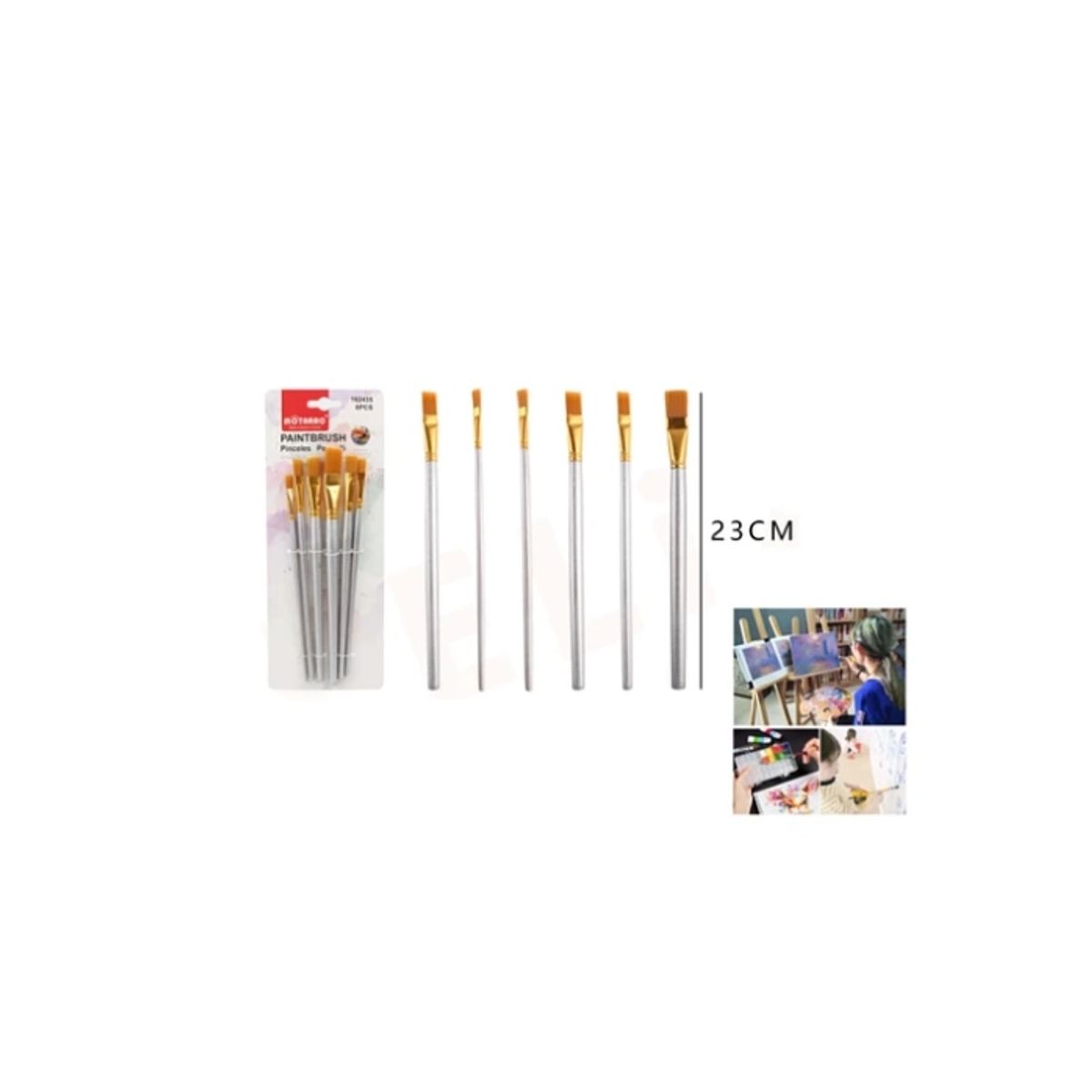 GENERICO - Set Pinceles Planos Detalle Plateado 23Cm 6Pcs