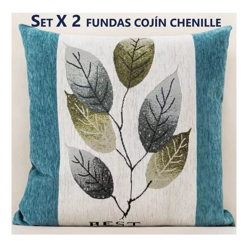 COMPRAPO - Set X 2 Fundas para Cojín Chenille Hojas Color Turquesa 45x45 Cm.