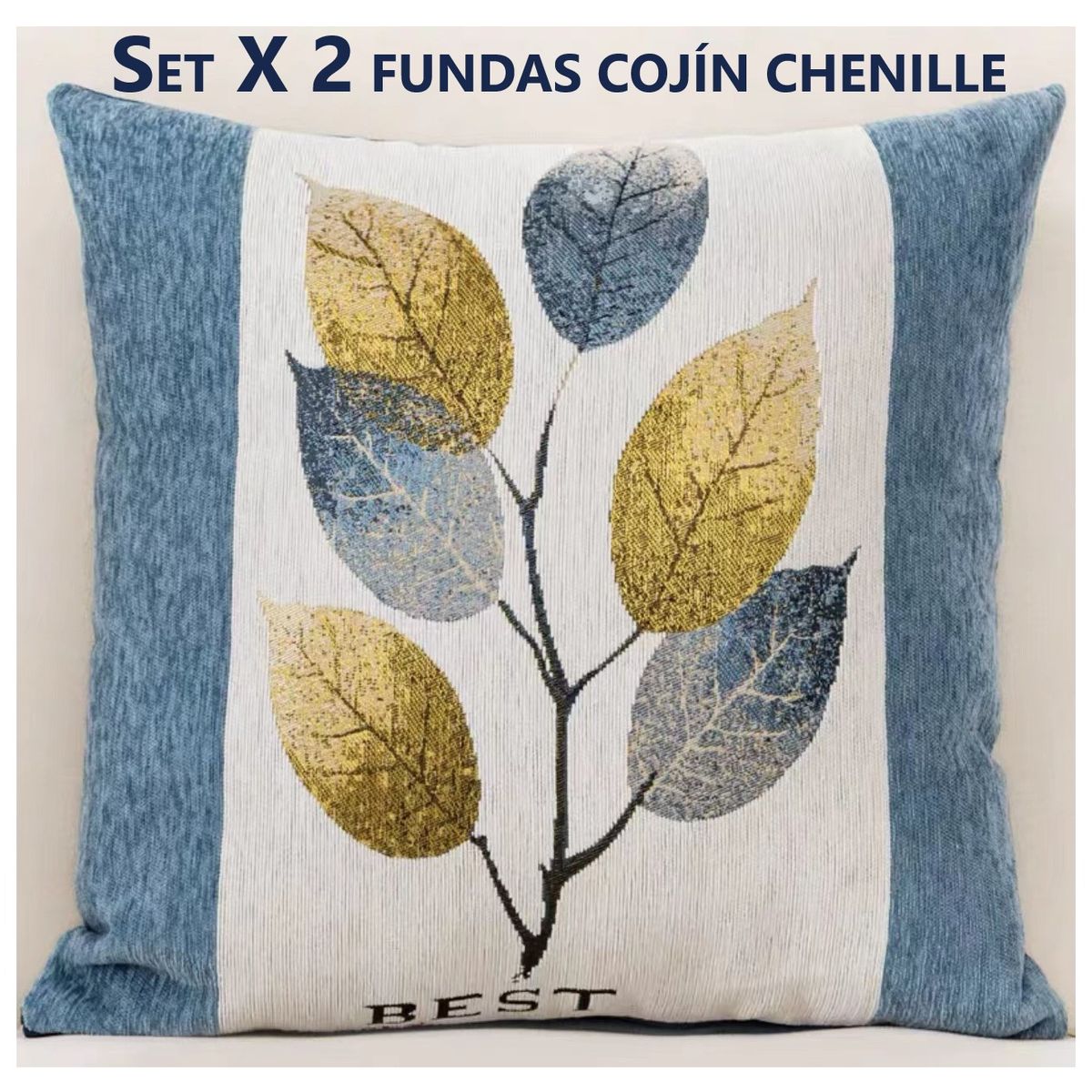 COMPRAPO - Set X 2 Fundas para Cojín Chenille Hojas Color Azul 45x45 Cm
