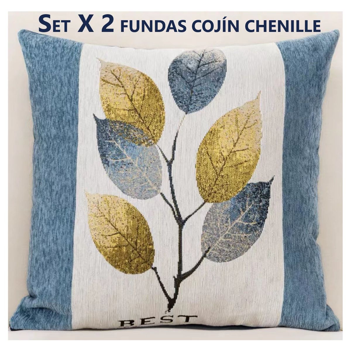 COMPRAPO - Set X 2 Fundas para Cojín Chenille Hojas Color Azul 45x45 Cm