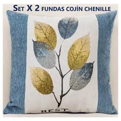 COMPRAPO - Set X 2 Fundas para Cojín Chenille Hojas Color Azul 45x45 Cm