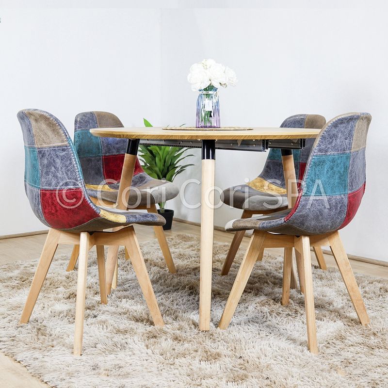CORI CORI - Comedor Mesa Expandible (100-140-180CMS) + 4 sillas Patchwork Ecocuero