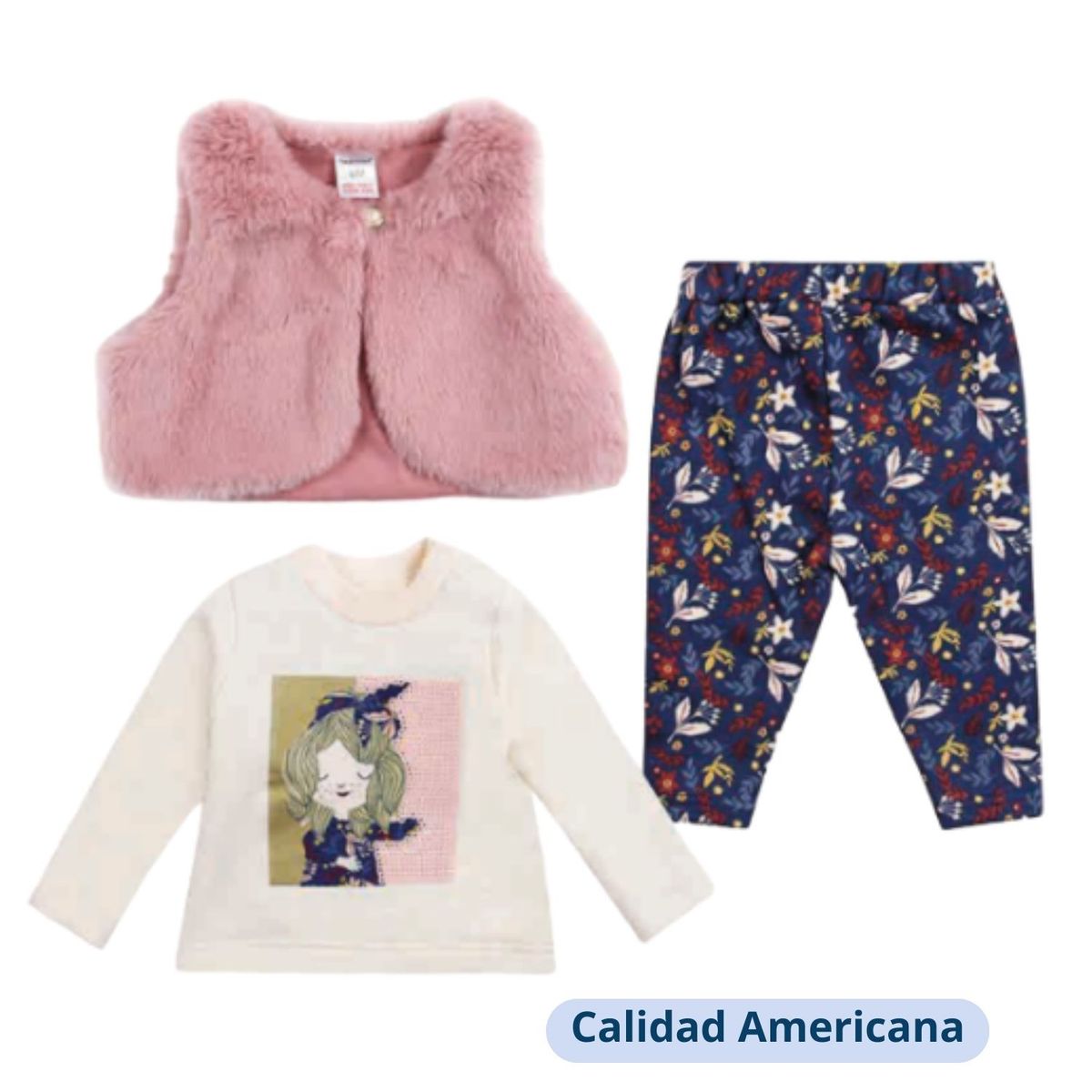 TEDMIMAK - Set 3 Piezas con Chaleco para Niña Estampado Tedmimak 100% Algodón